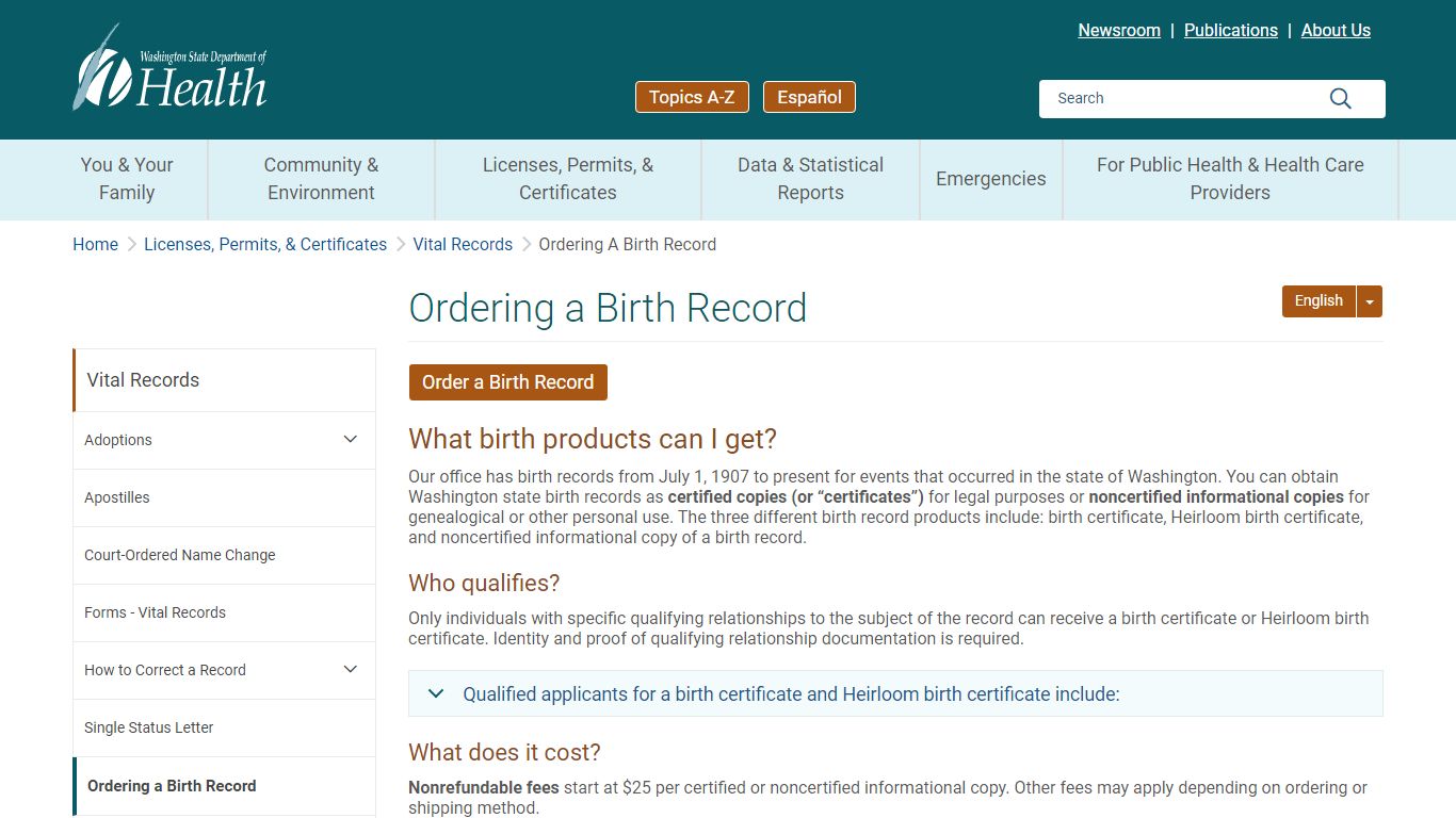 Ordering a Birth Record | Washington State Department of Health